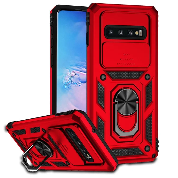 Slide Camera Protector Phone Case for Samsung Galaxy S10 Plus, PC + TPU Anti-drop Cover with Metal Ring Kickstand - Red