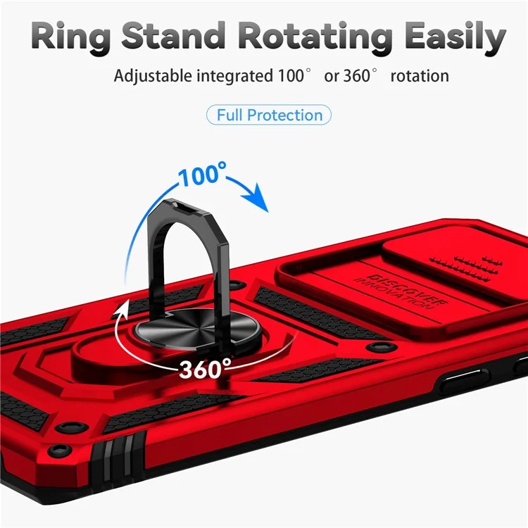 Slide Camera Protector Phone Case for Samsung Galaxy S10 Plus, PC + TPU Anti-drop Cover with Metal Ring Kickstand - Red