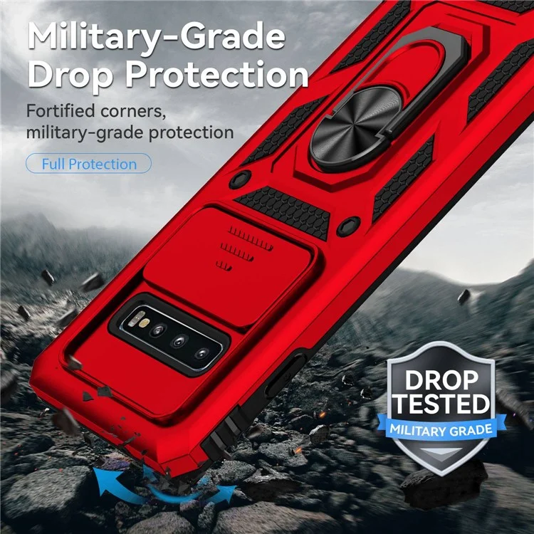 Slide Camera Protector Phone Case for Samsung Galaxy S10 Plus, PC + TPU Anti-drop Cover with Metal Ring Kickstand - Red
