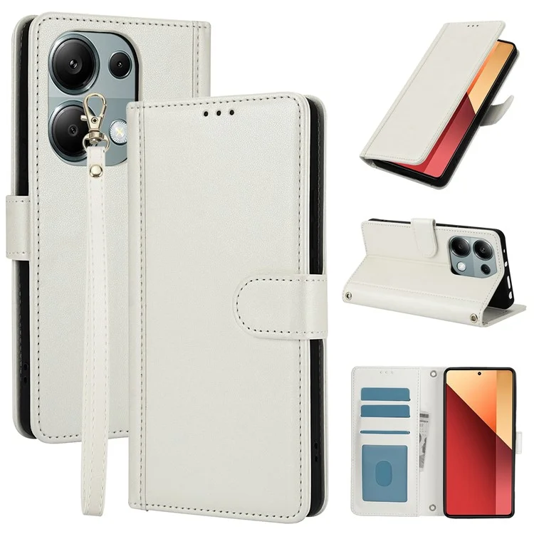 SY-003 Для Xiaomi Poco M6 Pro 4G / Redmi Note 13 Pro 4G Case Case Leather Stand View Chepe Coleme Cover с Ручным Ремнем - Белый