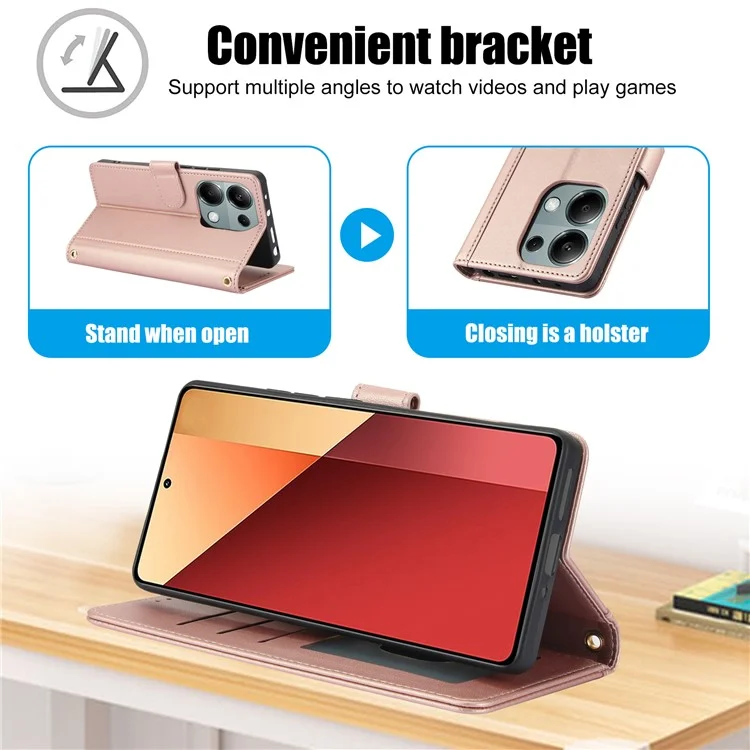 SY-003 Para Xiaomi Redmi Note 13 4G Case PU Cubierta de la Billetera Del Teléfono Con Correa Para la Mano - Rosa
