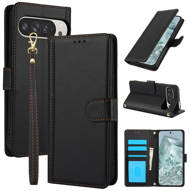 SY-003 Para Google Pixel 9 Pro / Pixel 9 Estojo pu PU Stand Stand Phone Phone Carting Com Alça de Mão - Preto