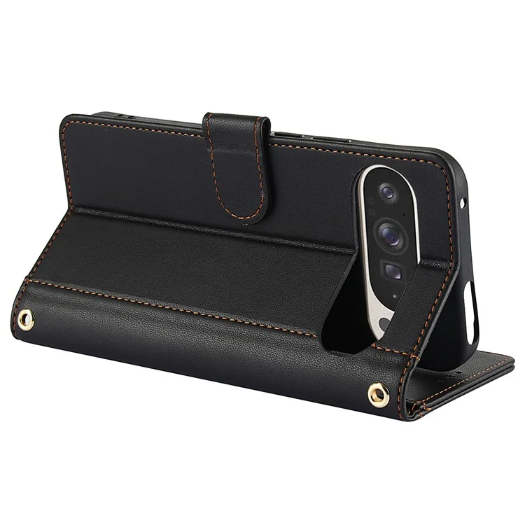 SY-003 Para Google Pixel 9 Pro / Pixel 9 Estojo pu PU Stand Stand Phone Phone Carting Com Alça de Mão - Preto