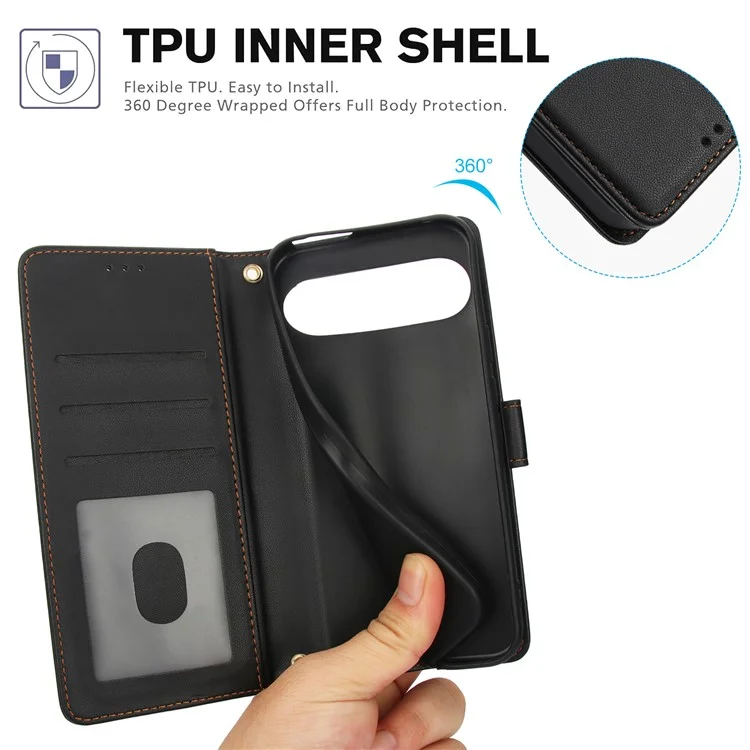 SY-003 Para Google Pixel 9 Pro / Pixel 9 Estojo pu PU Stand Stand Phone Phone Carting Com Alça de Mão - Preto