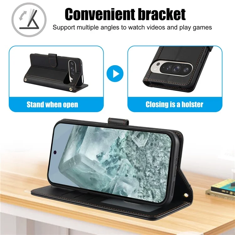 SY-003 Para Google Pixel 9 Pro / Pixel 9 Estojo pu PU Stand Stand Phone Phone Carting Com Alça de Mão - Preto