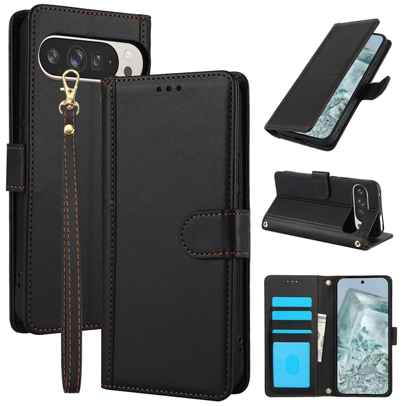 SY-003 For Google Pixel 9 Pro XL Case PU Leather Stand View Phone Wallet Cover with Hand Strap - Black