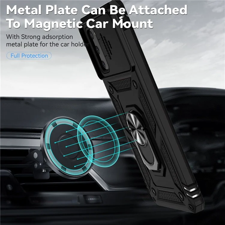 Capa de Suporte de Anel de Metal para Samsung Galaxy S20 4G / 5G, Proteção de Câmera Deslizante PC + TPU Capa de Telefone de Camada Dupla - Preto
