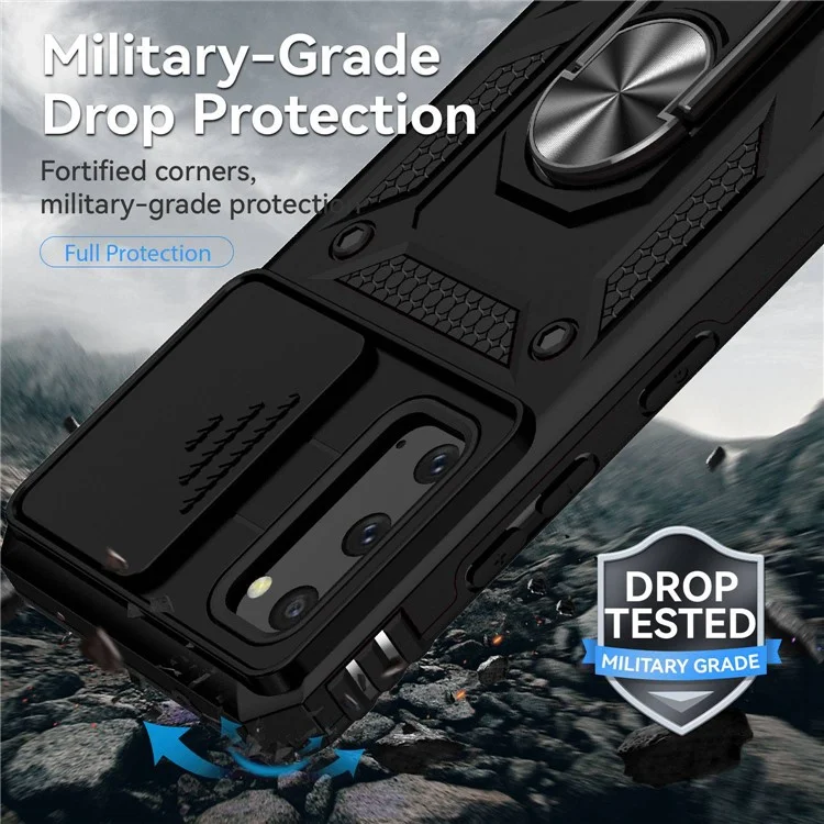 Capa de Suporte de Anel de Metal para Samsung Galaxy S20 4G / 5G, Proteção de Câmera Deslizante PC + TPU Capa de Telefone de Camada Dupla - Preto