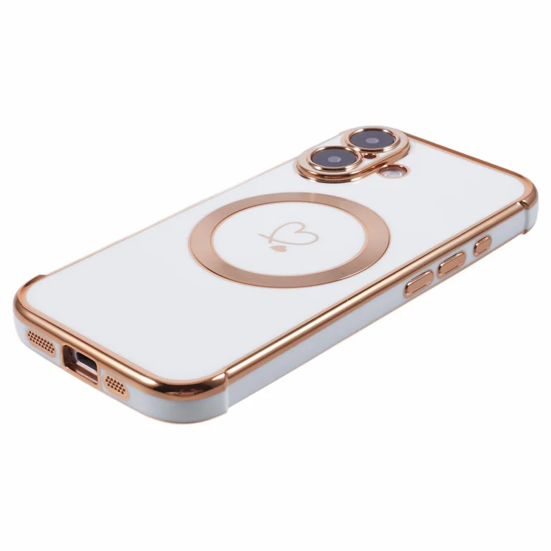 For iPhone 16 Case Compatible with MagSafe Electroplated TPU Phone Cover Hollow Love Hearts - Ivory White