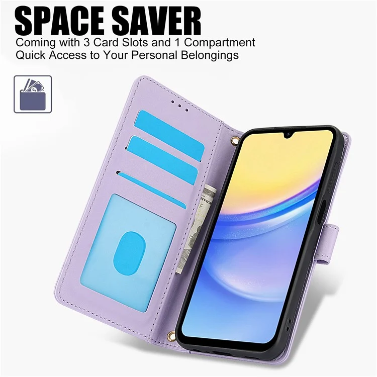 SY-003 Para Samsung Galaxy A15 4G / 5G Case PU Puerto Vista de Cuero Vista de la Billetera Con Correa Para la Mano - Púrpura