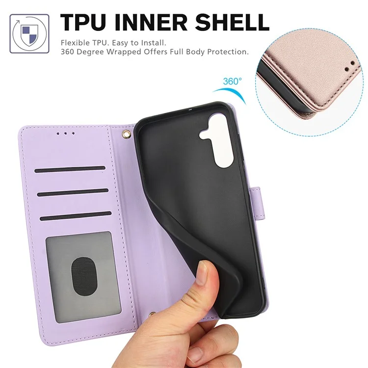 SY-003 Para Samsung Galaxy A15 4G / 5G Case PU Puerto Vista de Cuero Vista de la Billetera Con Correa Para la Mano - Púrpura