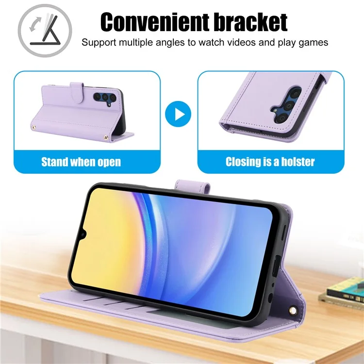 SY-003 Para Samsung Galaxy A15 4G / 5G Case PU Puerto Vista de Cuero Vista de la Billetera Con Correa Para la Mano - Púrpura