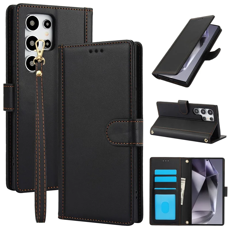 SY-003 For Samsung Galaxy S24 Ultra Case PU Leather Stand View Phone Wallet Cover with Hand Strap - Black