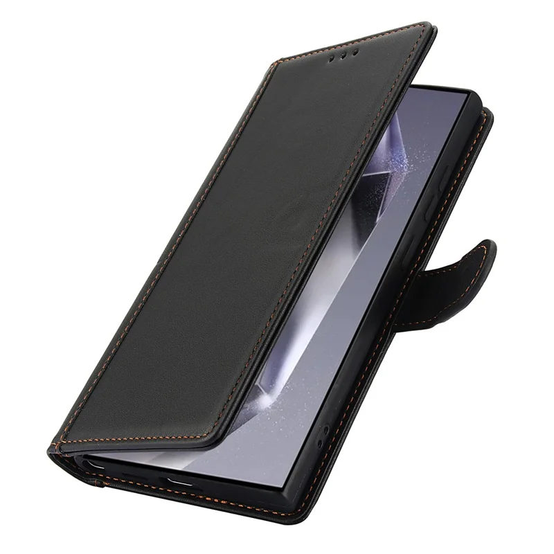 SY-003 For Samsung Galaxy S24 Ultra Case PU Leather Stand View Phone Wallet Cover with Hand Strap - Black