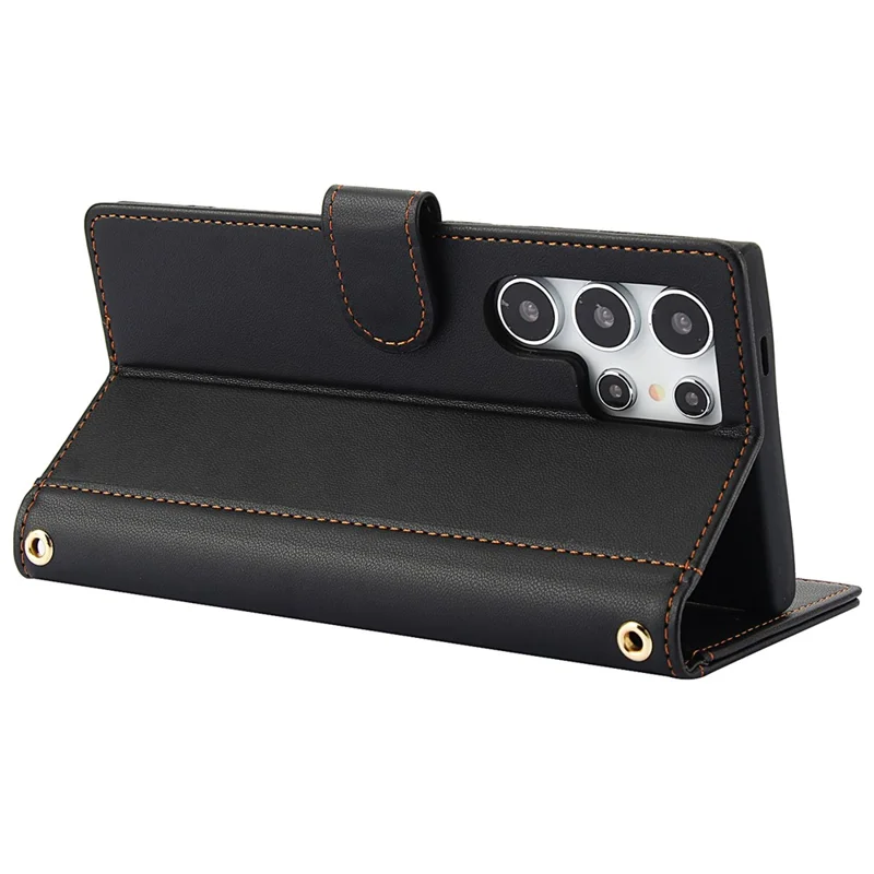 SY-003 For Samsung Galaxy S24 Ultra Case PU Leather Stand View Phone Wallet Cover with Hand Strap - Black