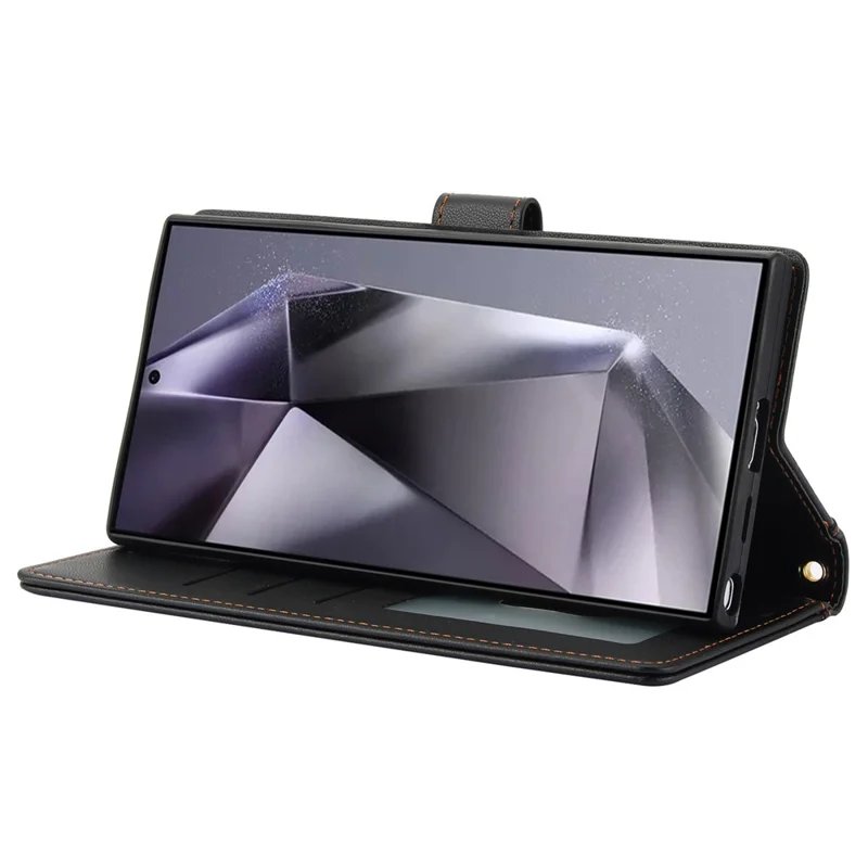 SY-003 For Samsung Galaxy S24 Ultra Case PU Leather Stand View Phone Wallet Cover with Hand Strap - Black