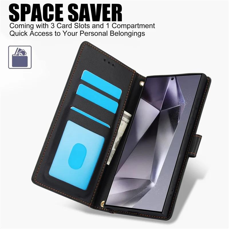 SY-003 For Samsung Galaxy S24 Ultra Case PU Leather Stand View Phone Wallet Cover with Hand Strap - Black