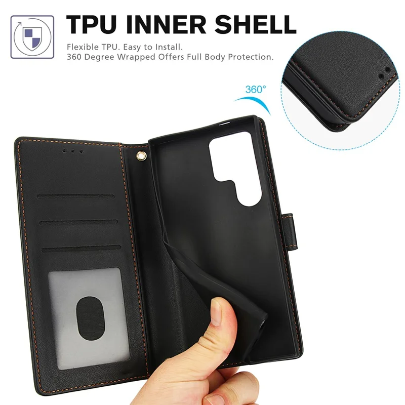 SY-003 For Samsung Galaxy S24 Ultra Case PU Leather Stand View Phone Wallet Cover with Hand Strap - Black