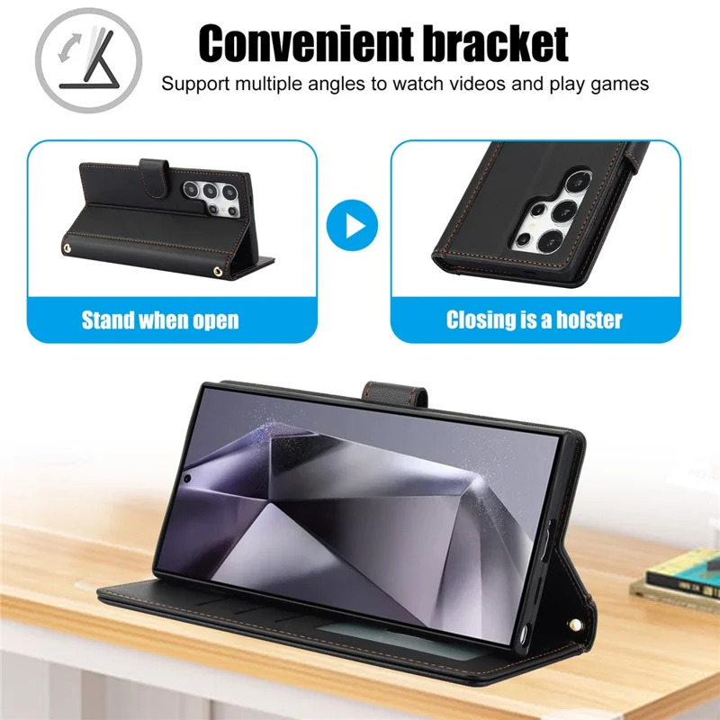 SY-003 For Samsung Galaxy S24 Ultra Case PU Leather Stand View Phone Wallet Cover with Hand Strap - Black