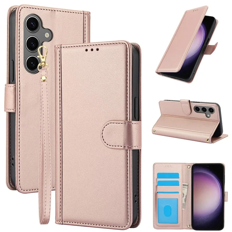 SY-003 Pour Samsung Galaxy S24 Case de Support en Cuir PU Viette du Portefeuille Téléphone Avec Sangle à Main - Rose