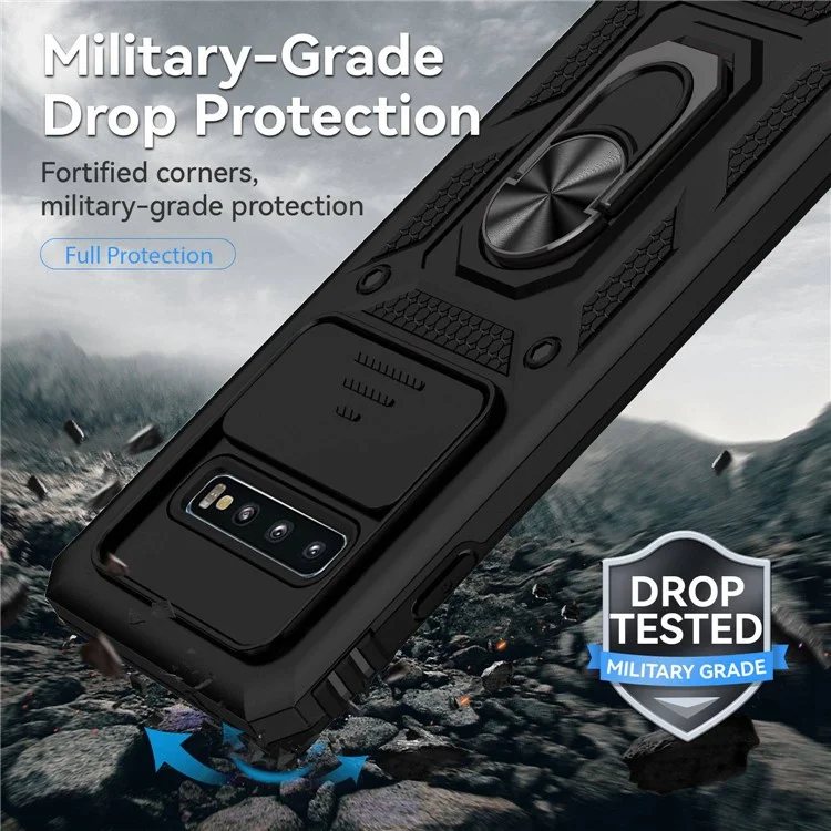 Étui de protection antichute en métal avec support anneau pour Samsung Galaxy S10 4G, protection coulissante pour l'appareil photo, boîtier hybride en PC + TPU - Noir