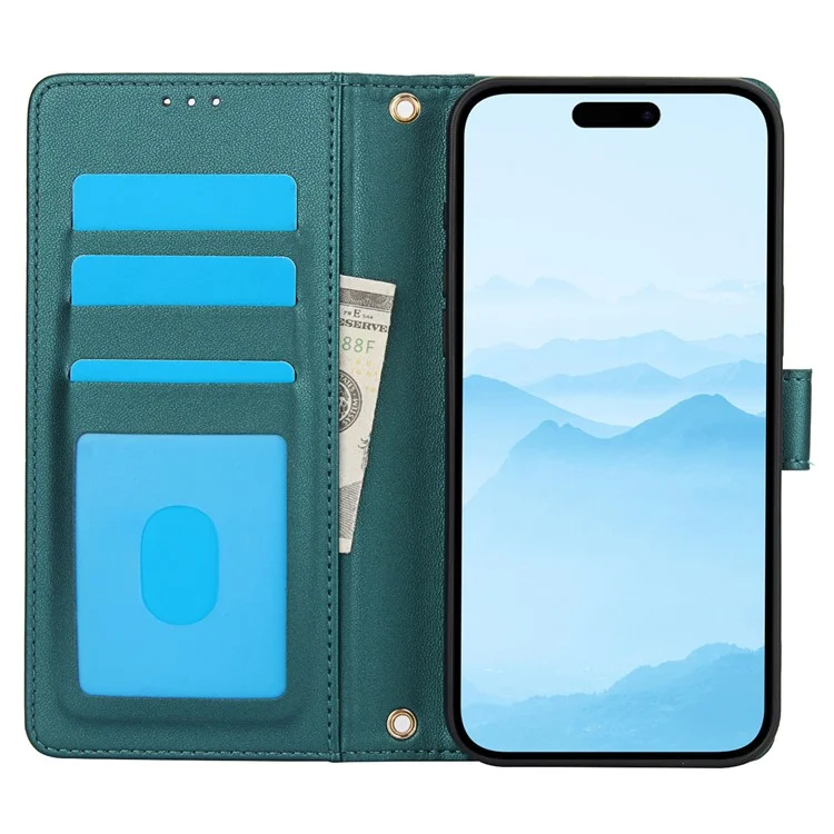 SY-003 Für Iphone 14 Pro Case PU Leather Stand Ansicht Phone Brieftaschenabdeckung Mit Handgurt - Grün