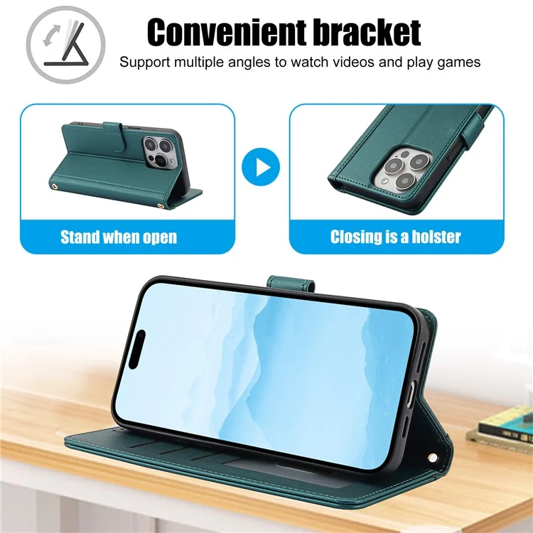 SY-003 Für Iphone 14 Pro Case PU Leather Stand Ansicht Phone Brieftaschenabdeckung Mit Handgurt - Grün