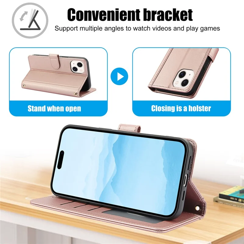SY-003 For iPhone 14 / 13 Case PU Leather Stand View Phone Wallet Cover with Hand Strap - Pink