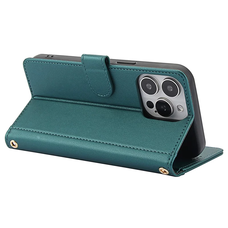 SY-003 For iPhone 14 Pro Max Case PU Leather Stand View Phone Wallet Cover with Hand Strap - Green