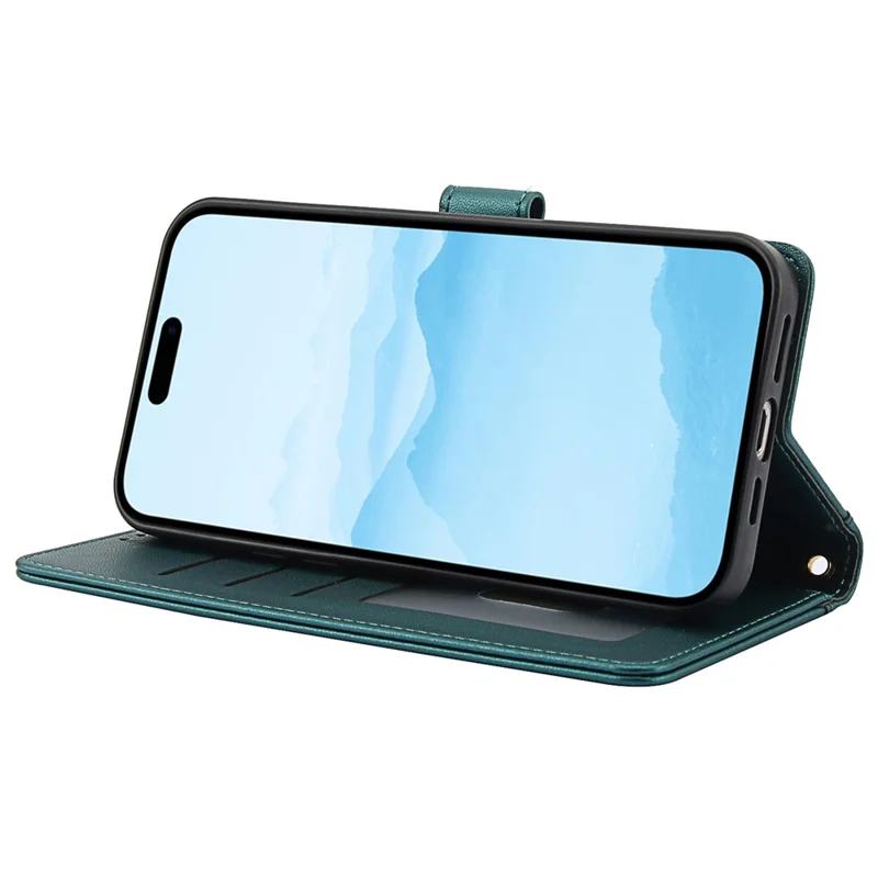 SY-003 For iPhone 14 Pro Max Case PU Leather Stand View Phone Wallet Cover with Hand Strap - Green