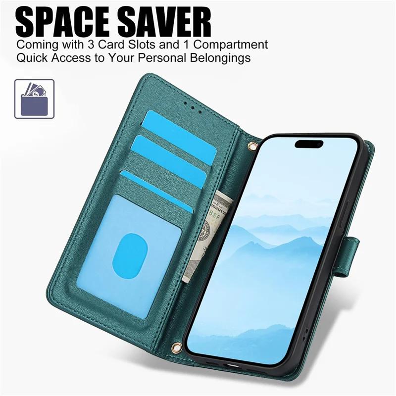 SY-003 For iPhone 14 Pro Max Case PU Leather Stand View Phone Wallet Cover with Hand Strap - Green