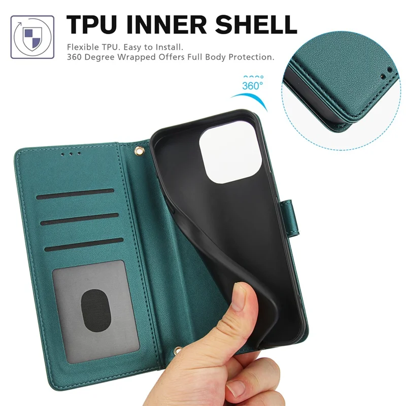 SY-003 For iPhone 14 Pro Max Case PU Leather Stand View Phone Wallet Cover with Hand Strap - Green