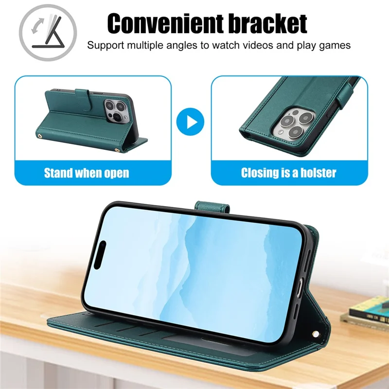SY-003 For iPhone 14 Pro Max Case PU Leather Stand View Phone Wallet Cover with Hand Strap - Green