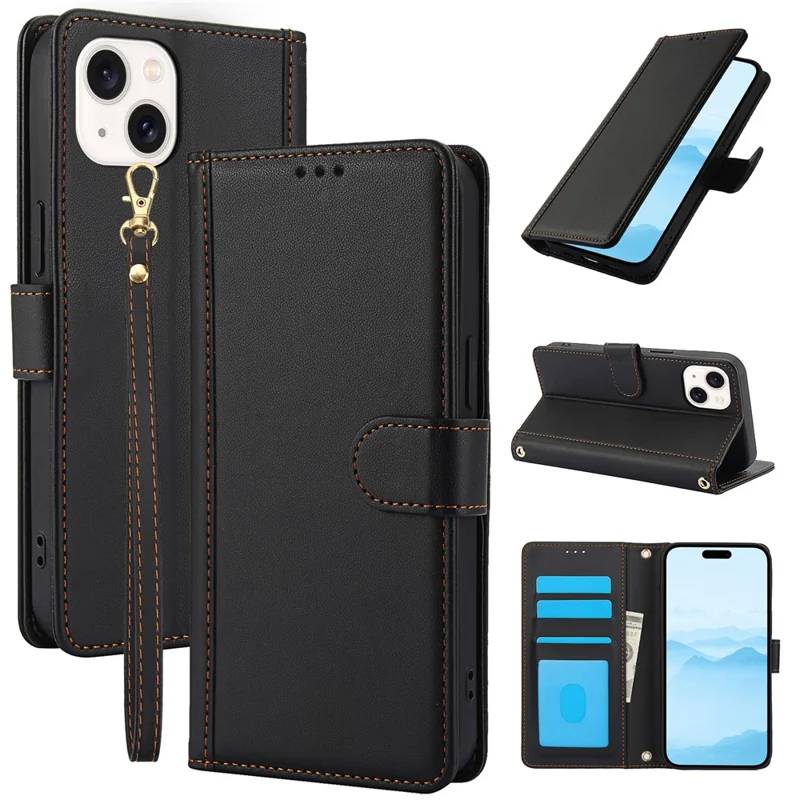 SY-003 Für Iphone 15 Hülle PU Lederständer Telefon Brieftaschenabdeckung Mit Handgurt - Schwarz