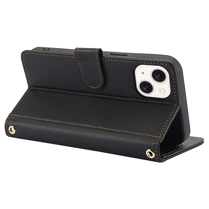 SY-003 Für Iphone 15 Hülle PU Lederständer Telefon Brieftaschenabdeckung Mit Handgurt - Schwarz