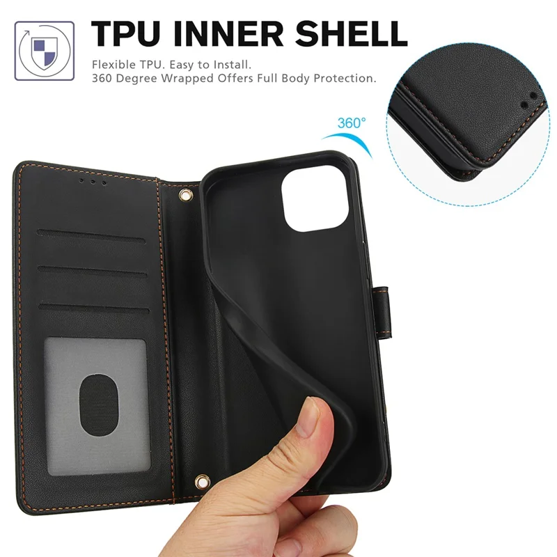 SY-003 Für Iphone 15 Hülle PU Lederständer Telefon Brieftaschenabdeckung Mit Handgurt - Schwarz