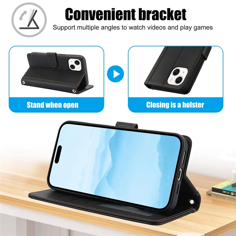SY-003 Für Iphone 15 Hülle PU Lederständer Telefon Brieftaschenabdeckung Mit Handgurt - Schwarz
