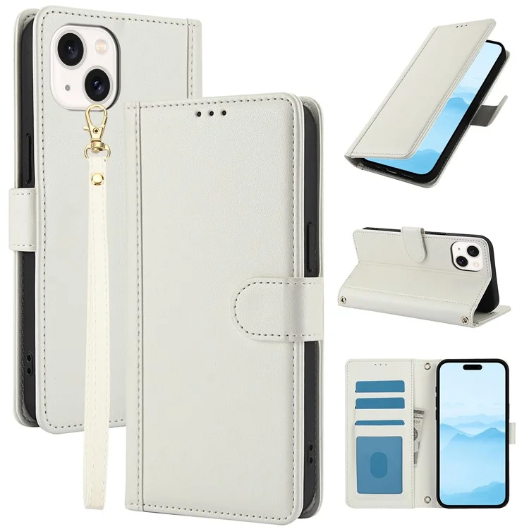 SY-003 Für Iphone 15 Plus / 14 Plus -hülle PU Leather Stand View Telefon Brieftaschenabdeckung Mit Handgurt - Weiß