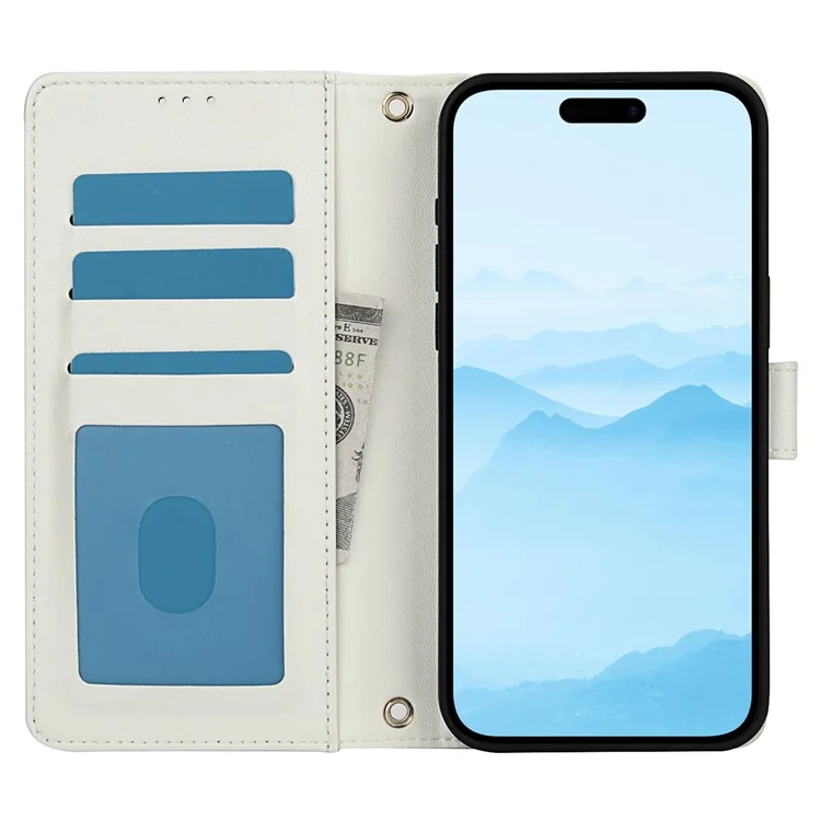 SY-003 Für Iphone 15 Plus / 14 Plus -hülle PU Leather Stand View Telefon Brieftaschenabdeckung Mit Handgurt - Weiß
