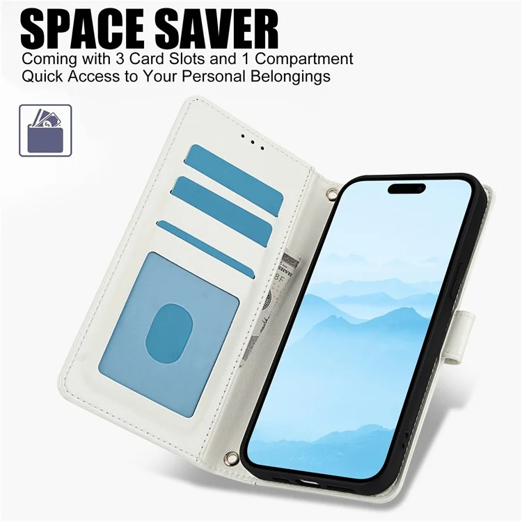 SY-003 Für Iphone 15 Plus / 14 Plus -hülle PU Leather Stand View Telefon Brieftaschenabdeckung Mit Handgurt - Weiß