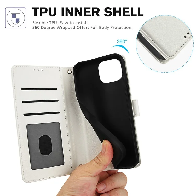 SY-003 Für Iphone 15 Plus / 14 Plus -hülle PU Leather Stand View Telefon Brieftaschenabdeckung Mit Handgurt - Weiß