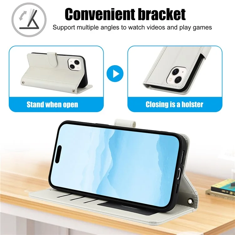 SY-003 Für Iphone 15 Plus / 14 Plus -hülle PU Leather Stand View Telefon Brieftaschenabdeckung Mit Handgurt - Weiß