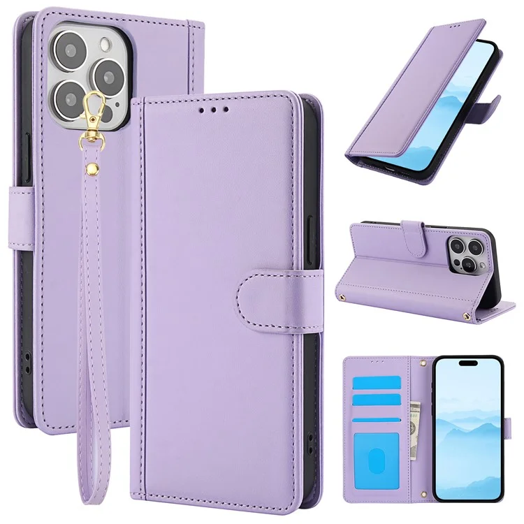 SY-003 Für Iphone 15 Pro Case PU Leather Stand Ansicht Phone Brieftaschenabdeckung Mit Handgurt - Lila
