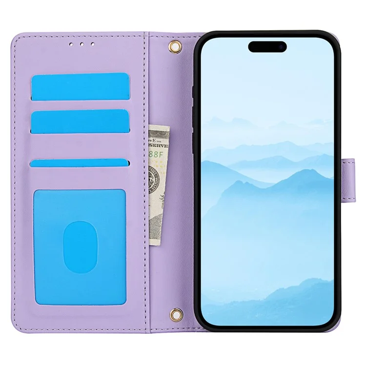 SY-003 Für Iphone 15 Pro Case PU Leather Stand Ansicht Phone Brieftaschenabdeckung Mit Handgurt - Lila