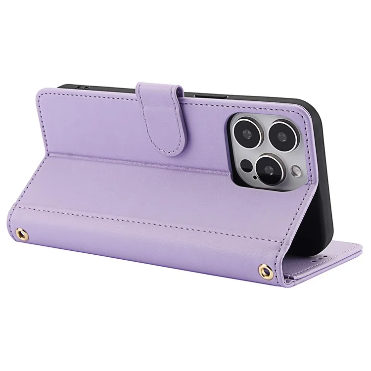 SY-003 Für Iphone 15 Pro Case PU Leather Stand Ansicht Phone Brieftaschenabdeckung Mit Handgurt - Lila