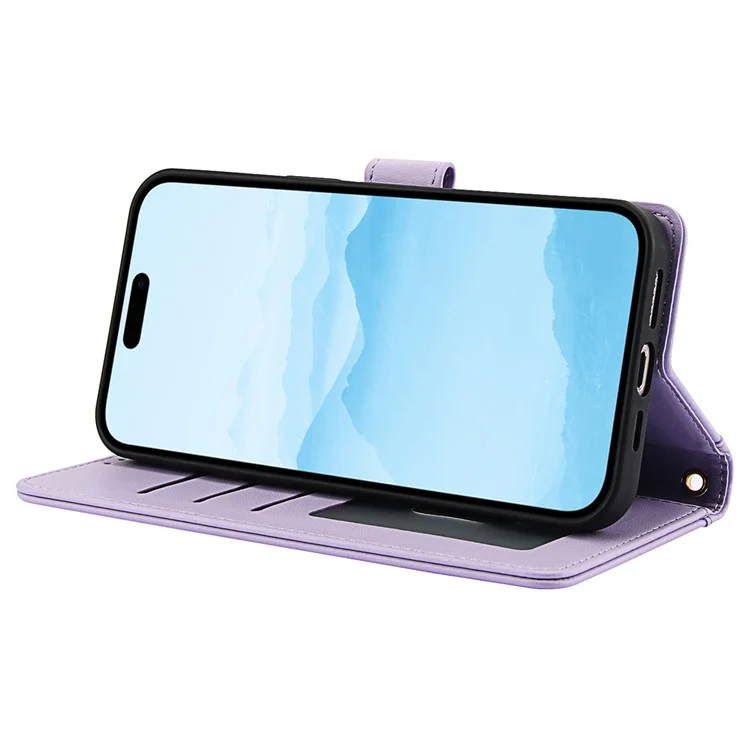 SY-003 Für Iphone 15 Pro Case PU Leather Stand Ansicht Phone Brieftaschenabdeckung Mit Handgurt - Lila
