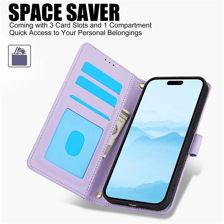 SY-003 Für Iphone 15 Pro Case PU Leather Stand Ansicht Phone Brieftaschenabdeckung Mit Handgurt - Lila