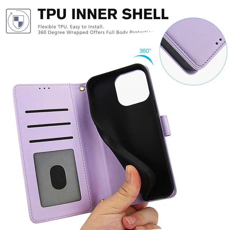 SY-003 Für Iphone 15 Pro Case PU Leather Stand Ansicht Phone Brieftaschenabdeckung Mit Handgurt - Lila