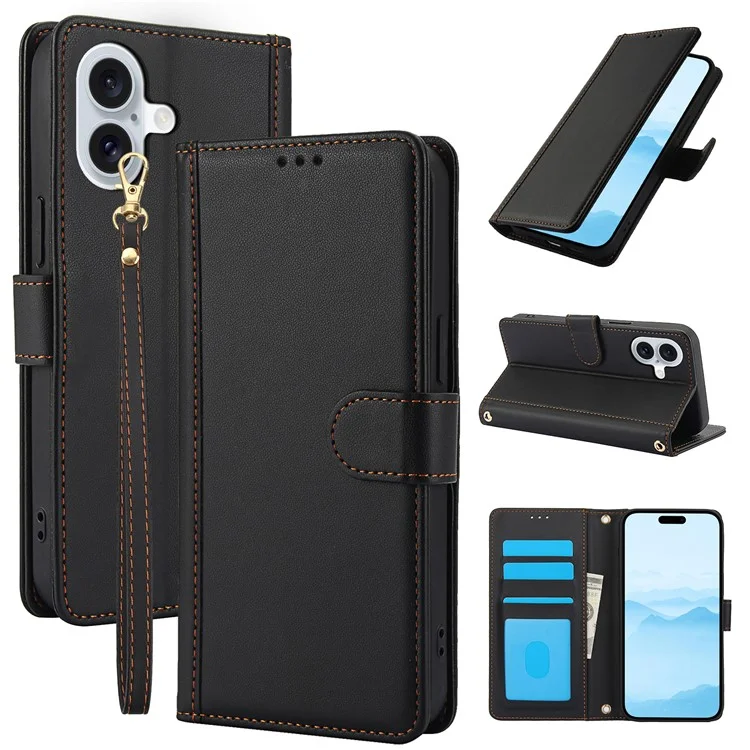 SY-003 Für Iphone 16 Plus Hülle PU Leather Stand Ansicht Phone Brieftaschenabdeckung Mit Handgurt - Schwarz