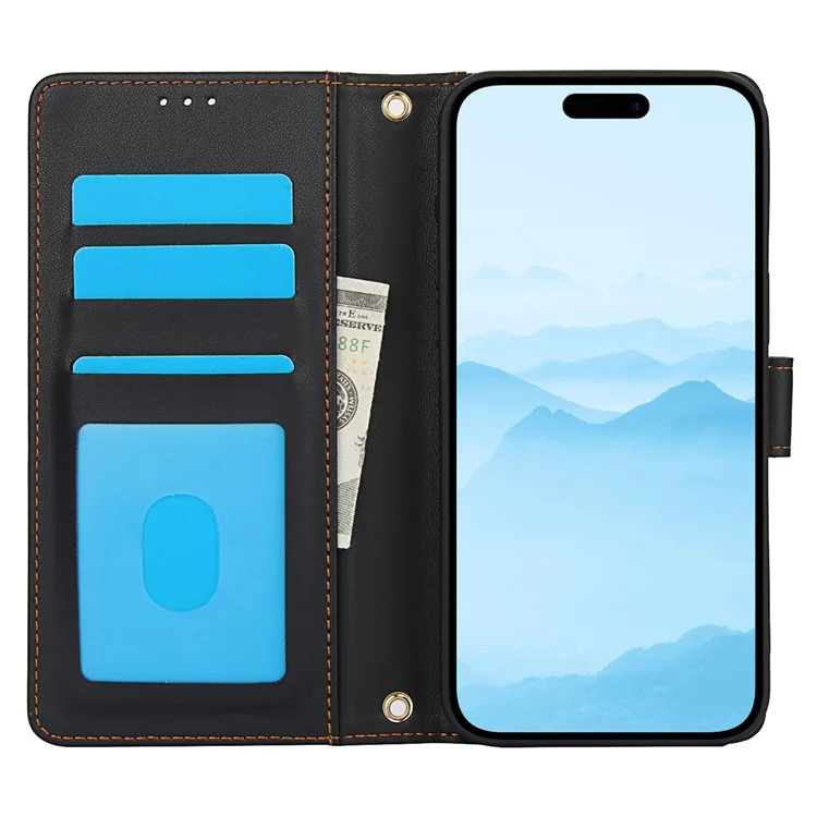 SY-003 Für Iphone 16 Plus Hülle PU Leather Stand Ansicht Phone Brieftaschenabdeckung Mit Handgurt - Schwarz
